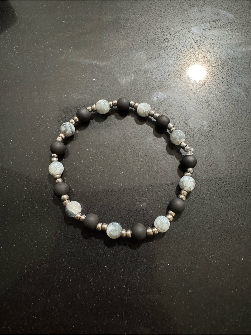 Beaded Stretch Bracelet with Black Matte and Light Gray-Blue Beads